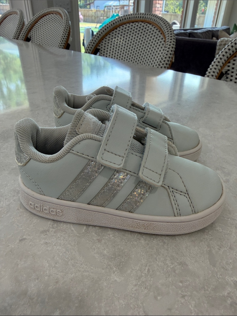 adidas Kids White Sneakers with Glitter Three Stripes Velcro